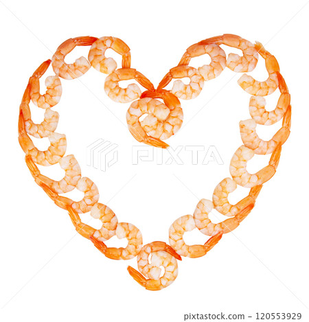 Tasty peeled shrimps heart love isolated on the white background Tasty peeled shrimps heart love isolated on the white background 120553929