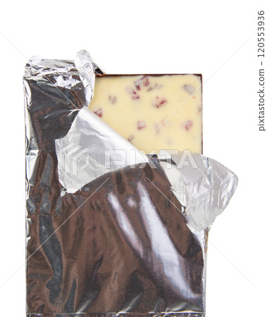 Chocolate bar in foil isolated on the white background Chocolate bar in foil isolated on the white background 120553936