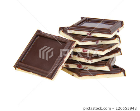 Black and white double chocolate with fruits isolated on the white background 120553948