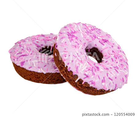 Pink violet glazed donut decorated isolated on the white background Pink violet glazed donut decorated isolated on the white background 120554009
