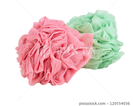 Green pink puff sponge for shower bath isolated on the white background 120554036