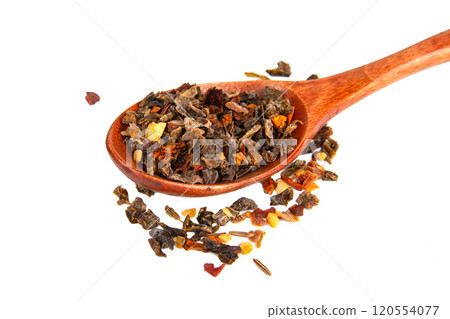 Aroma dried different spices in wooden spoon isolated on the white background 120554077
