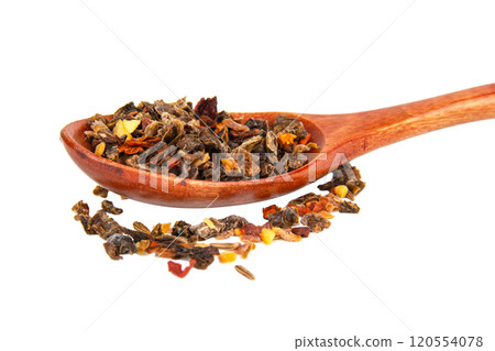 Aroma dried different spices in wooden spoon isolated on the white background 120554078
