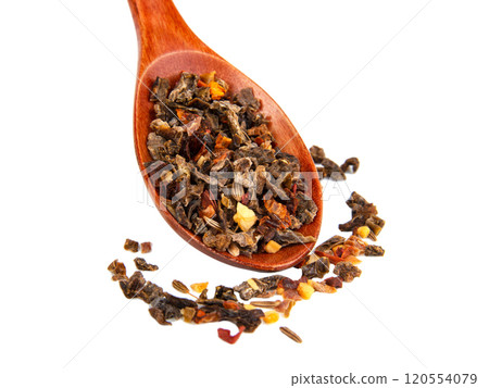 Aroma dried different spices in wooden spoon isolated on the white background Aroma dried different spices in wooden spoon isolated on the white background 120554079
