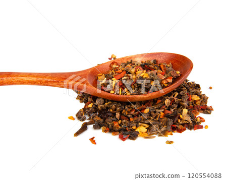 Aroma dried different spices in wooden spoon isolated on the white background Aroma dried different spices in wooden spoon isolated on the white background 120554088