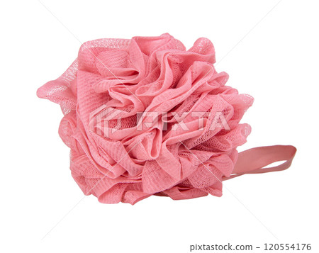 Pink puff sponge for shower bath isolated on the white background 120554176