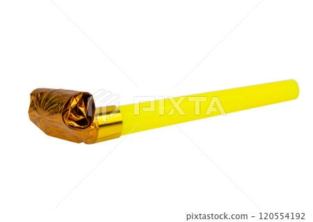 Rolled gold foil festive noisemaker or party whistle horn isolated on the white background 120554192