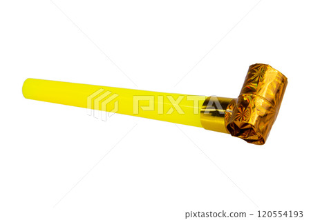Rolled gold foil festive noisemaker or party whistle horn isolated on the white background 120554193