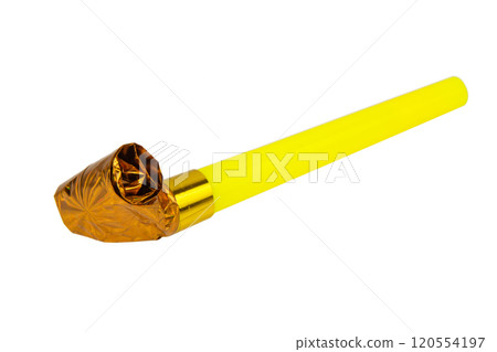 Rolled gold foil festive noisemaker or party whistle horn isolated on the white background 120554197