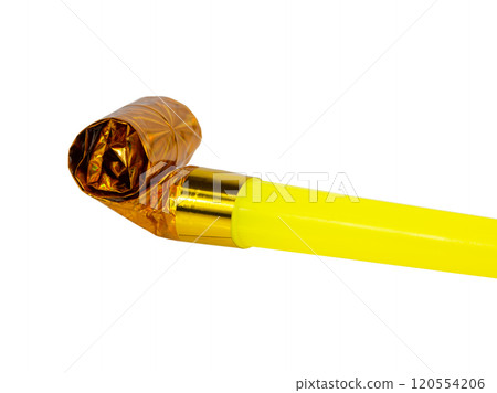 Rolled gold foil festive noisemaker or party whistle horn isolated on the white background 120554206