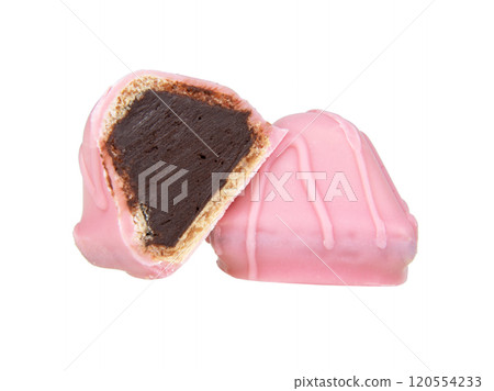 Pink chocolate waffle sweets isolated on the white background Pink chocolate waffle sweets isolated on the white background 120554233