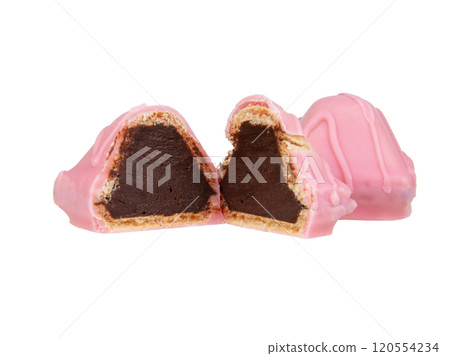 Pink chocolate waffle sweets isolated on the white background Pink chocolate waffle sweets isolated on the white background 120554234