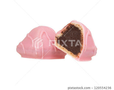 Pink chocolate waffle sweets isolated on the white background Pink chocolate waffle sweets isolated on the white background 120554236