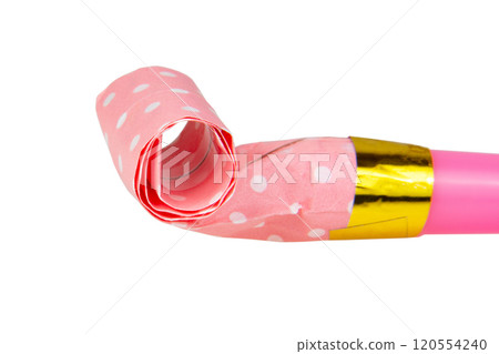 Rolled pink festive noisemaker or party whistle horn isolated on the white background 120554240