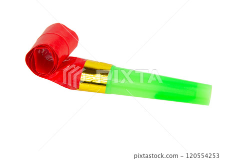 Carnival bright festive noisemaker or party whistle horn isolated on the white background 120554253
