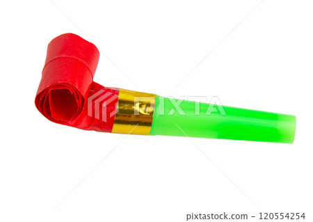 Carnival bright festive noisemaker or party whistle horn isolated on the white background Carnival bright festive noisemaker or party whistle horn isolated on the white background 120554254