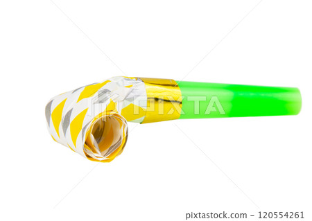 Carnival bright festive noisemaker or party whistle horn isolated on the white background 120554261