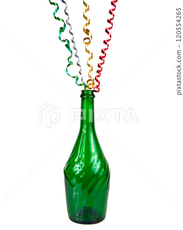 Wine green bottle with party tapes isolated on the white background Wine green bottle with party tapes isolated on the white background 120554265