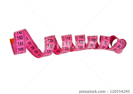 Pink tape measure roll isolated on the white background Pink tape measure roll isolated on the white background 120554295