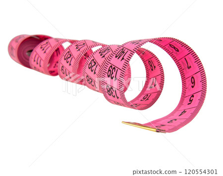 Pink tape measure roll isolated on the white background 120554301