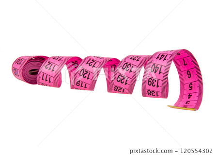Pink tape measure roll isolated on the white background Pink tape measure roll isolated on the white background 120554302