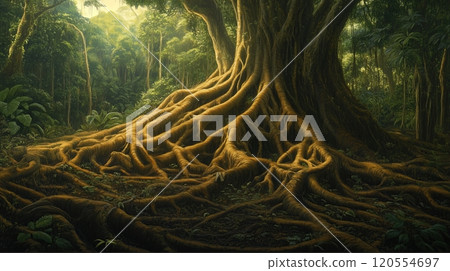 Ancient trees with massive roots 120554697