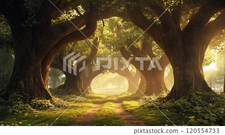A beautiful fairytale enchanted forest with big trees A beautiful fairytale enchanted forest with big trees 120554733