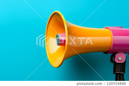 Bright orange and pink megaphone photographed against turquoise blue background in minimalist style, close up view 120554806