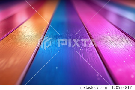 A closeup of vibrant wooden planks in various colors, showcasing texture and playful design 120554817