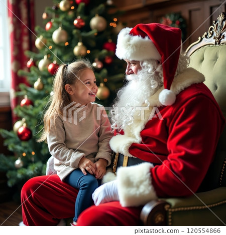 A joyful little girl sits on Santa's lap near a decorated Christmas tree, both smiling warmly, creating a magical holiday atmosphere filled with wonder and excitement 120554866