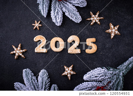 Festive New Year cookies in shape of 2025 Festive New Year cookies in shape of 2025 120554931