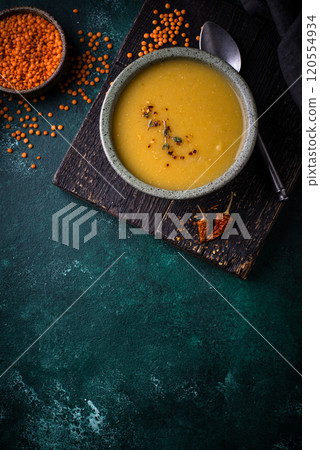 Healthy vegan lentil cream soup 120554934