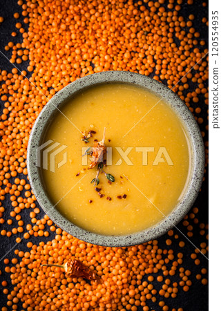Healthy vegan lentil cream soup 120554935