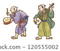 身穿江戶時代和服的男子正在演奏三味線和鼓 120555002
