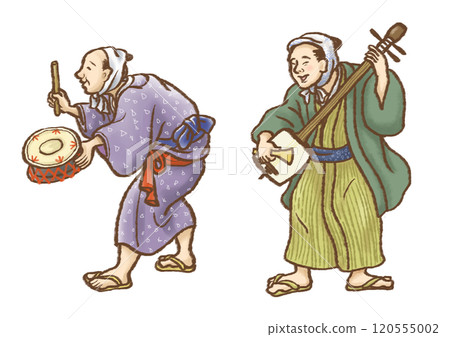 Men dressed in Edo period kimonos play shamisen and taiko drums 120555002
