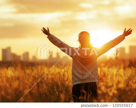 Silhouette of a woman with arms raised, standing in a golden field at sunrise with a city skyline 120555017