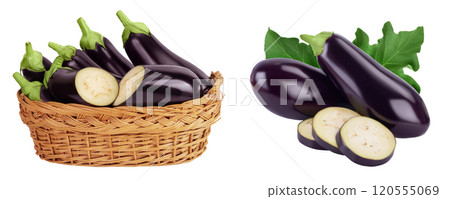 eggplant in a wicker basket isolated on white background with full depth of field eggplant in a wicker basket isolated on white background with full depth of field 120555069