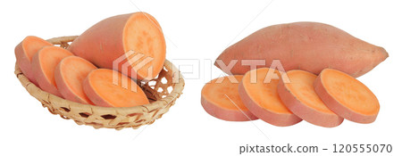 Sweet potato in a wicker basket isolated on white background with full depth of field 120555070