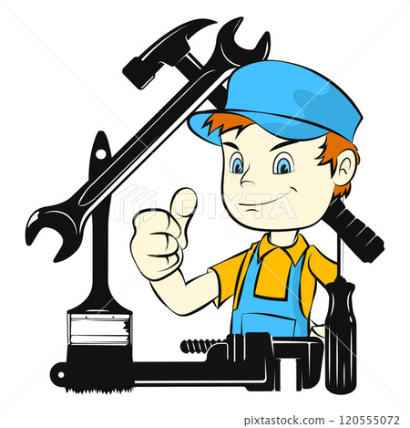 Repair worker in uniform, repair tool symbol 120555072