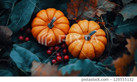 Pumpkins and berries among autumn leaves 120555132