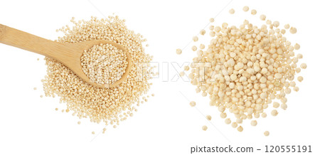 white quinoa seeds in wooden scoop isolated on white background with full depth of field. Top view. Flat lay. white quinoa seeds in wooden scoop isolated on white background with full depth of field. Top view. Flat lay. 120555191