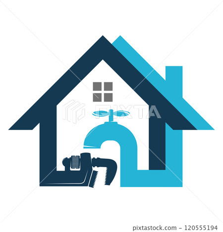 Plumbing wrench, faucet and house silhouette. Plumbing repair symbol 120555194