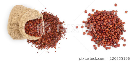 red quinoa seeds in bag isolated on white background with  full depth of field. Top view. Flat lay. 120555196