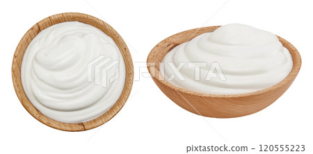 sour cream or yogurt in wooden bowl isolated on white background with full depth of field. Top view. Flat lay sour cream or yogurt in wooden bowl isolated on white background with full depth of field. Top view. Flat lay 120555223