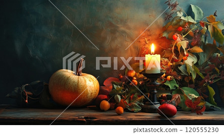 A glowing candle illuminates a still life of autumn beauty 120555230
