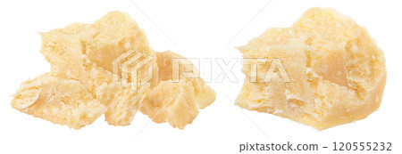 Pieces of parmesan cheese isolated on white background 120555232