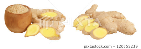 fresh ginger and ground ginger in wooden bowl isolated on white background fresh ginger and ground ginger in wooden bowl isolated on white background 120555239