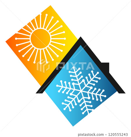 Roof of the house sun and snowflake. Design for air conditioner and heating 120555243