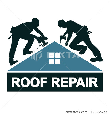 Roof repair and construction. Two roofers on the roof of a house 120555244