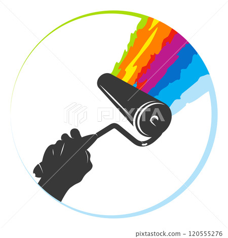 Roller splashes of colored paint in hand symbol Roller splashes of colored paint in hand symbol 120555276
